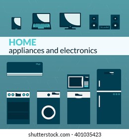Home electronics and appliances icons design for your product or  web and mobile . Household  equipment. Vector flat  illustration on blue background