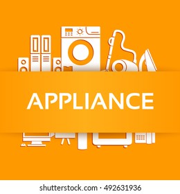 Home electronics appliances infographics template concept. Icons design for your product or design, web and mobile applications. Vector flat with long shadow illustration on blue background