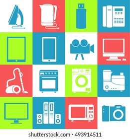 Home electronics appliances infographics template concept. Icons design for your product or design, web and mobile applications. Vector flat with long shadow illustration on blue background