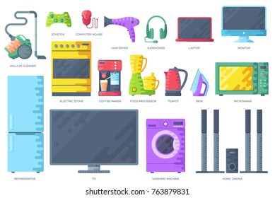 Home electronics appliances  infographics template concept. Icons design for your product or design, web and mobile applications. Vector flat with long shadow illustration on blue background