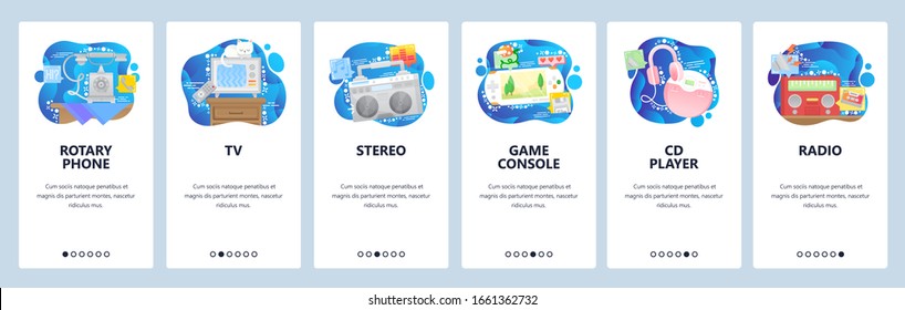 Home electronics and appliances. Phone, stereo, TV set, game console, radio. Mobile app onboarding screens. Vector banner template for website and mobile development. Web site design illustration