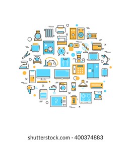 Home electronics appliances vector line icons in circle composition. Household appliances thin line concept background