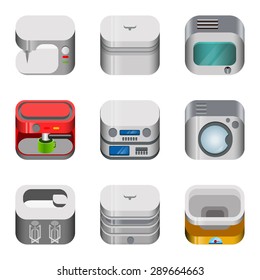 Home electronics glossy app dashboard icon vector set. Stylish modern mobile web application icons collection. Sewing washing coffee brewing machine microwave mixer weights.