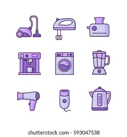 Home electronics icon set with vacuum cleaner, mixer, toaster, coffee maker, hair dryer, washing machine, blender. 