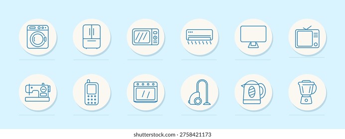 Home electronics set icon. Blue outline badges with washing machine, refrigerator, microwave, air conditioner, monitor, television, sewing machine, cellphone, oven, vacuum, kettle, blender