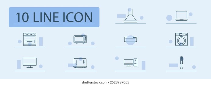 Icono de conjunto de electrónica para el hogar. Horno, licuadora, ordenador portátil, monitor, microondas, lavadora, ventilador, tostadora, escritorio, campana extractora, cocina, electrodomésticos, tecnología, hogar, cocina, dispositivo, limpieza.