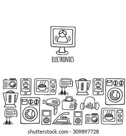 Home electronics sketch icons isolation white background vector horizontal banner. Electronics vector illustration background