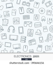 Home Electronics wallpaper. Black and white digital shop seamless pattern. Tiling textures with thin line web icons set. Vector illustration. Abstract background for mobile app, website, presentation.