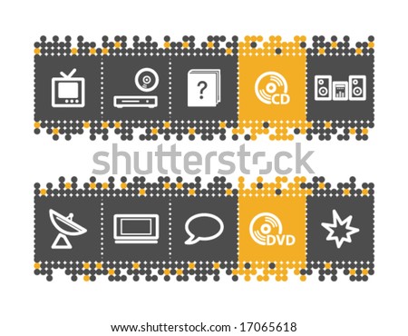 Home electronics web icons on grey and orange dots bar. Vector file has layers, all icons in two versions are included.