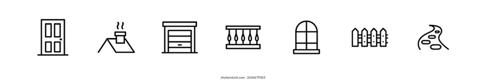 Home elements line icon set. door, roof, window, fence, stairs, chimney outline icons