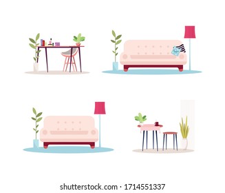 Home empty interior semi flat RGB color vector illustrations set. Pink couch with pillows. Comfy living room. Counter for cosmetic. Furniture isolated cartoon items on white background
