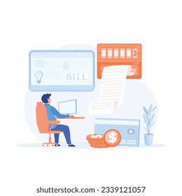 Home energy efficiency audit concept. Person checks heating meter and pays household utility bill on website.  flat vector modern illustration 