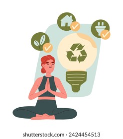 Home energy efficiency audit concept. Woman in lotus position near light bulb. Financial literacy and budgeting. Eco friendly girl. Cartoon flat vector illustration isolated on white background