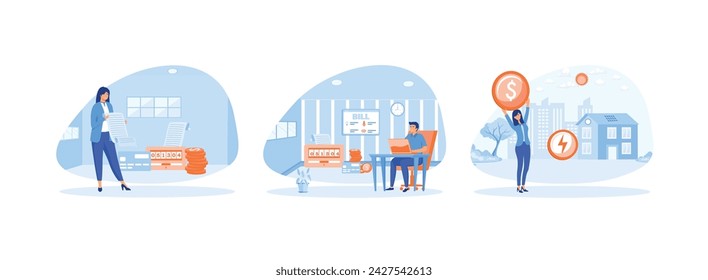 Home energy efficiency audit concept, Person checks heating meter and pays household utility bill on website. Energy efficiency set flat vector modern illustration