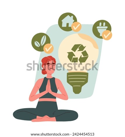 Home energy efficiency audit concept. Woman in lotus position near light bulb. Financial literacy and budgeting. Eco friendly girl. Cartoon flat vector illustration isolated on white background