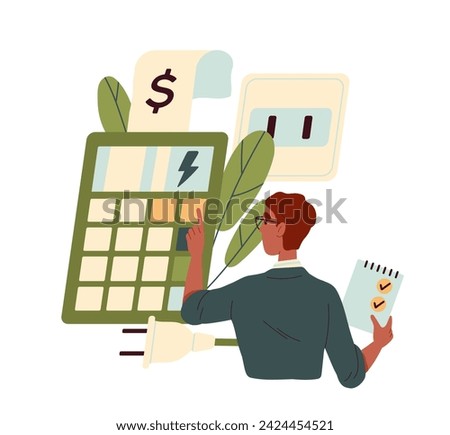 Home energy efficiency audit concept. Man with calculator near electric supply. Financial literacy and budgeting. Eco friendly guy. Cartoon flat vector illustration isolated on white background