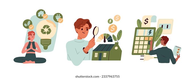 Home energy efficiency audit set. People lead sustainable eco lifestyle, monitoring private electricity, and calculating household utility bill. Cartoon flat vector isolated on white background