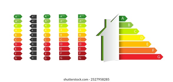 classificação de eficiência energética da casa. modelo de melhoria de eco house inteligente. elemento do sistema de certificação