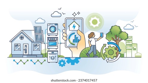 Home energy management with efficient modern IOT appliances outline concept. Control house electricity with smart app to save power resources vector illustration. Sustainable and ecological solution.