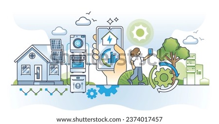 Home energy management with efficient modern IOT appliances outline concept. Control house electricity with smart app to save power resources vector illustration. Sustainable and ecological solution.