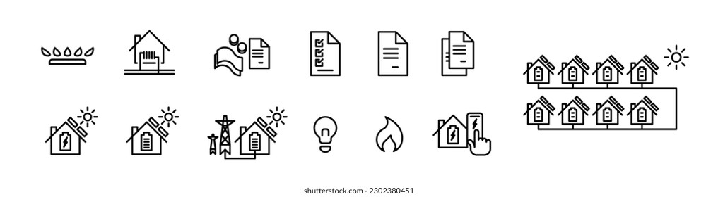 Home energy technology and home automation line icons energy efficiency and energy sharing energy communities illustration