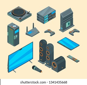 Home entertainment. Electronically tools audio speakers home theatre computer tv systems console gaming vector collection