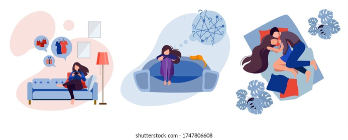 Home Entertainment Illustration Set. A girl makes purchases in an online store, stares, feels resentment and irritation, sleeps with a guy, love. Self-isolation, quarantine due to coronavirus.