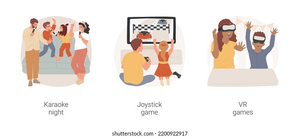 Home Entertainment Isolated Cartoon Vector Illustration Set. Family Karaoke Night, Father And Child Play Joystick Game, Racing Video Game, Family Wearing VR Headsets, Have Fun Vector Cartoon.