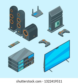 Home entertainment. Isometric console for games tv laptop audio speakers theatre computer vector pictures