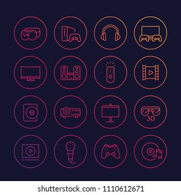 home entertainment system, multimedia vector linear icons set