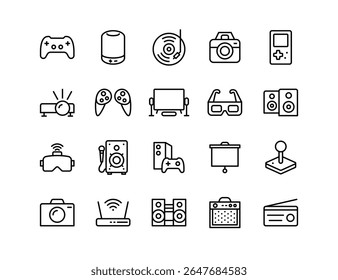 Home Entertainment Vector Icon Set | Game controller, VR headset, speaker, turntable, projector, joystick, amplifier, console, stereo, router, camera, radio, media, retro device