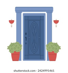 Home entrance blue door. Cartoon house porch exterior with red plants pots and lanterns. Vector illustration of front door of residential house isolated on white background