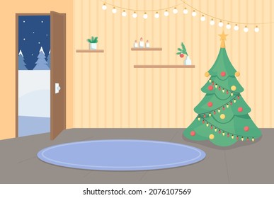 Home entrance on Christmas flat color vector illustration. Xmas tree in corner. Decorated apartment. House hallway 2D cartoon interior with opened door to winter evening on background