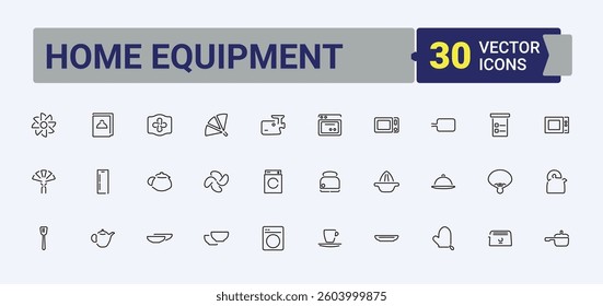 Home Equipment icon set in linear style. Includes thin line symbols washer, kitchen, domestic, cook and more. Household Appliances icon. Editable vector art and illustration.