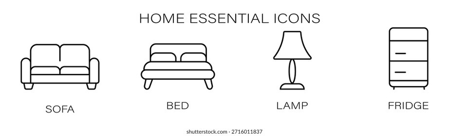 Conjunto de iconos esenciales para el hogar con sofá, cama, lámpara y nevera  
