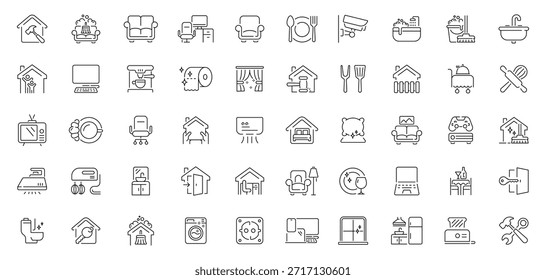 Conjunto de iconos de línea editables esenciales para el hogar: estilo lineal, muebles y gráficos de decoración