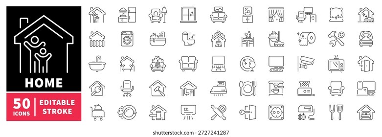 Conjunto de iconos de elementos esenciales para el hogar. iconos de línea editables para la casa, los electrodomésticos y la vida