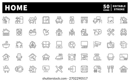 Home essentials ícones definir. linha, ícones de linha editável para viver e decoração
