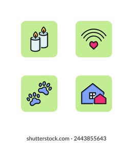 Home essentials for relaxation line icon set. House, aroma candles, Wi-Fi with heart, paw prints. Modern technology, real estate, pet, aroma therapy, romance concept.