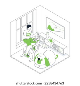 Home exercise bike - modern line design style isometric illustration on white background. Composition with guy going in for sports, dog sleeping nearby. Hobby, dumbbells, scales, active lifestyle