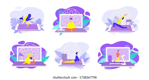 Home exercise classes. Young man do workout at home. How to keep fit indoors. Fitness and active lifestyle with online app. Healthy life and wellness concept. Flat vector illustration set