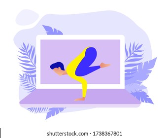 Home exercise classes. Young man do workout at home. How to keep fit indoors. Fitness and active lifestyle concept. Healthy life and wellness concept. Flat vector illustration