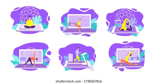 Home exercise classes. Young man do workout at home. How to keep fit indoors. Fitness and active lifestyle with online app. Healthy life and wellness concept. Flat vector illustration set