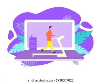 Home exercise classes. Young man do workout at home. How to keep fit indoors. Fitness and active lifestyle with online app. Healthy life and wellness concept. Flat vector illustration