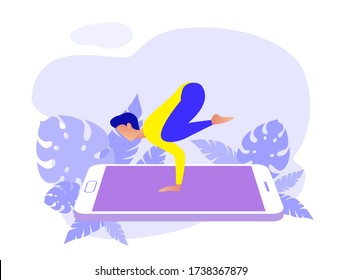 Home exercise classes. Young man do workout at home. How to keep fit indoors. Fitness and active lifestyle with online app. Healthy life and wellness concept. Flat vector illustration