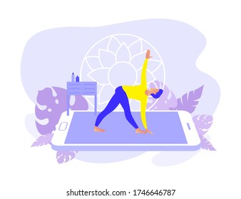 Home exercise classes. Young man do workout at home. How to keep fit indoors. Fitness and active lifestyle with online app. Healthy life and wellness concept. Flat vector illustration