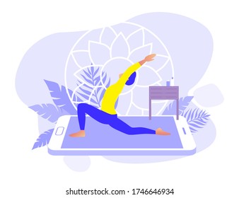 Home exercise classes. Young man do workout at home. How to keep fit indoors. Fitness and active lifestyle with online app. Healthy life and wellness concept. Flat vector illustration