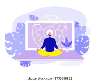 Home exercise classes. Young muslim man do workout at home. How to keep fit indoors. Fitness and active lifestyle concept. Healthy life and wellness concept. Flat vector illustration