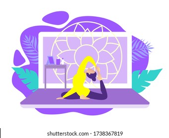 Home exercise classes. Young woman do workout at home. How to keep fit indoors. Fitness and active lifestyle concept. Healthy life and wellness concept. Flat vector illustration