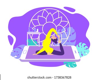Home exercise classes. Young woman do workout at home. How to keep fit indoors. Fitness and active lifestyle concept. Healthy life and wellness concept. Flat vector illustration